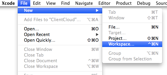 A screenshot which shows the Xcode menu for creating a new workspace